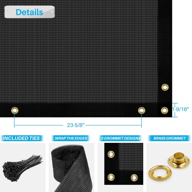 Patio 4 x 25 Fence Privacy Screen Black Commercial Grade Mesh Shade Fabric with Brass Gromment Outdoor Windscreen with Zipties - Image 2